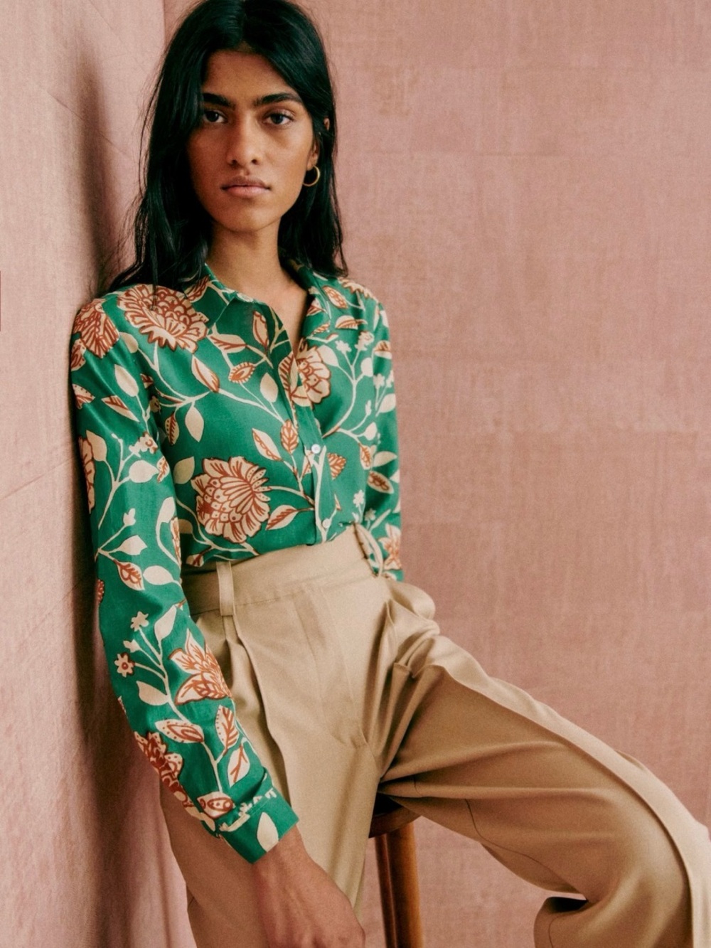 NWT 🇫🇷 Sézane Green Floral Pierro Shirt Gemini Print